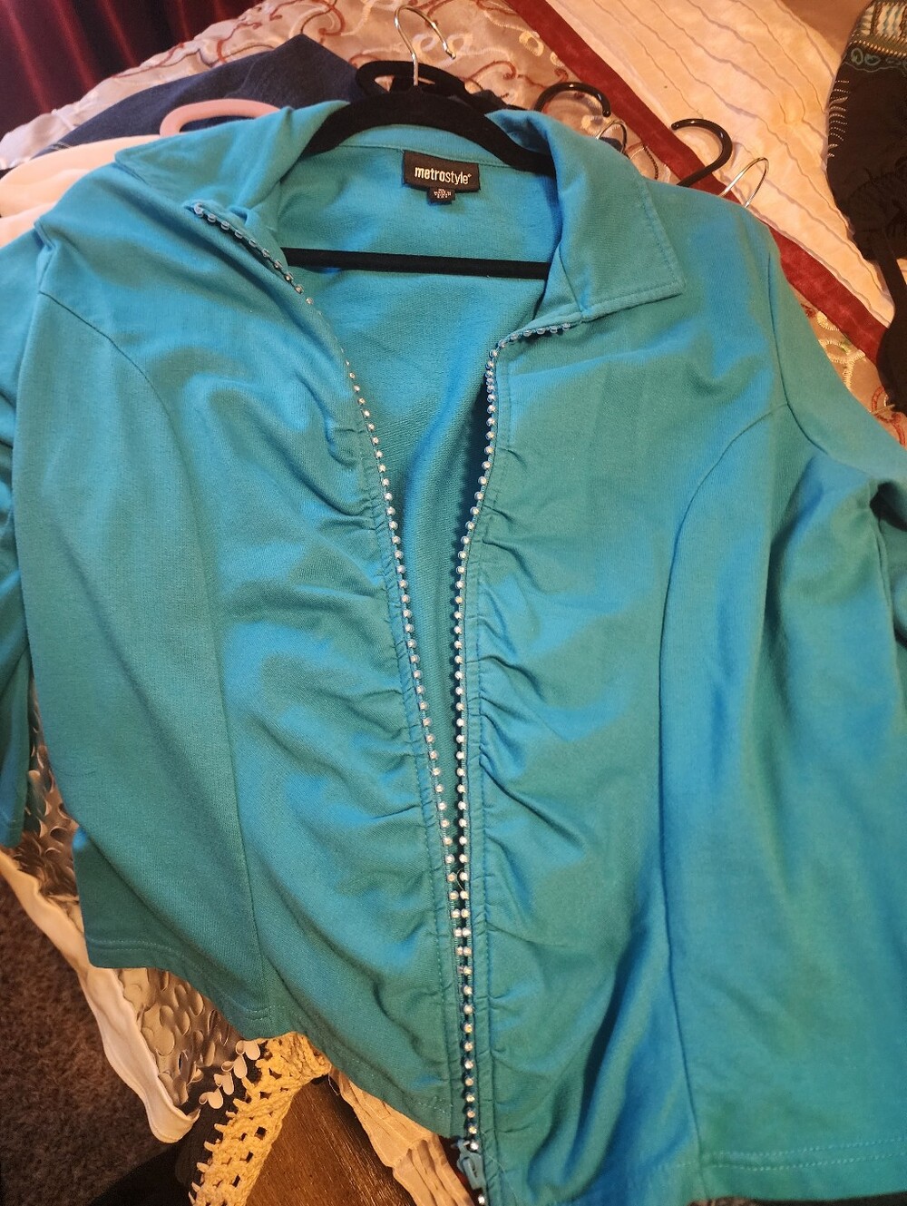 metrostyle Women's Turquoise Zip-Front Jacket with Ruched Trim